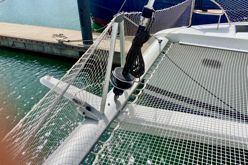  Yacht Photos Pics 2024 Fountaine Pajot Catamaran Aura 51 netting and rigging detail at dock.