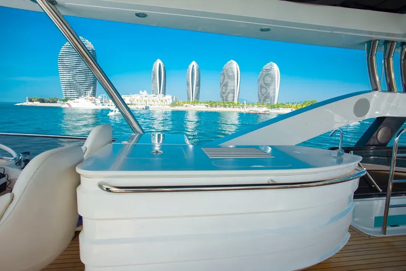  Yacht Photos Pics Luxurious Sunseeker 75 Yacht interior with stunning waterfront skyline view, 2015 model.