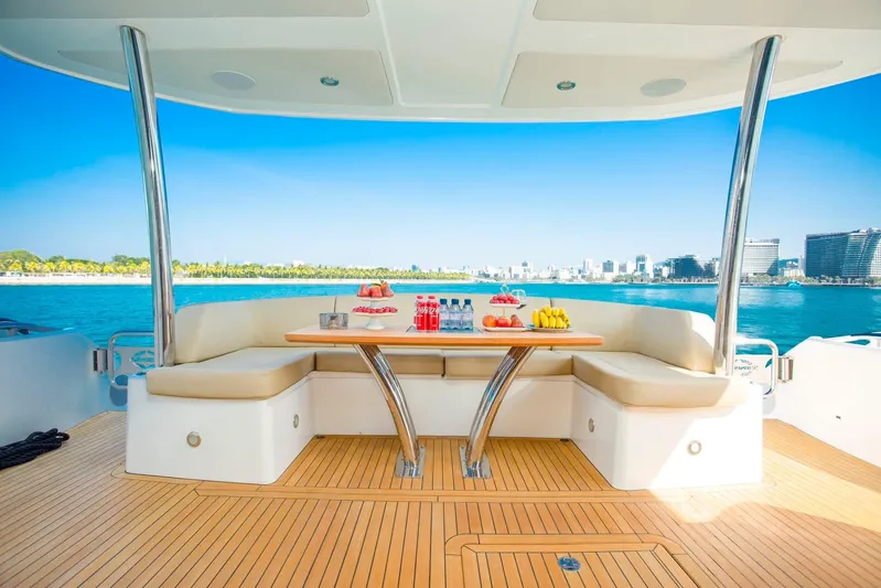 Yacht Photos Pics Luxurious 2015 Sunseeker 75 Yacht deck with seating, table, and ocean view.