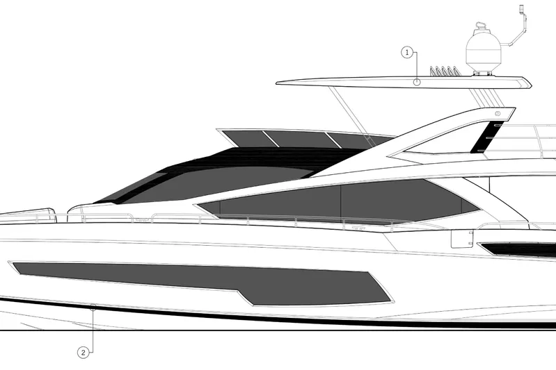Glasax Yacht Photos Pics Line drawing of a 2016 Sunseeker 75 Yacht, showcasing sleek design and modern architecture.