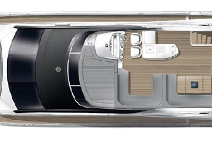 Glasax Yacht Photos Pics Top view of 2016 Sunseeker 75 Yacht deck layout, showcasing seating and helm area.
