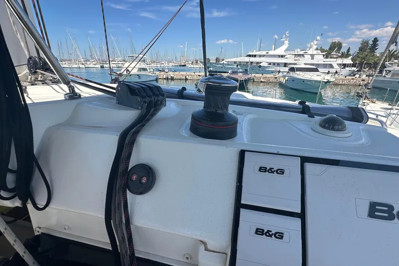  Yacht Photos Pics Cockpit view of 2018 Lagoon 40 catamaran with marina background and B&G equipment.