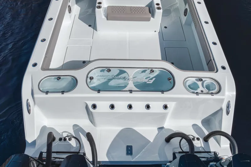  Yacht Photos Pics 2025 Front Runner 37 Catamaran, rear view, showcasing spacious deck and dual engines.