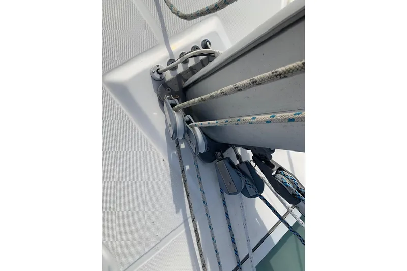 Still In The Moment Yacht Photos Pics Close-up of rigging on a 2007 Beneteau 423 sailboat deck.