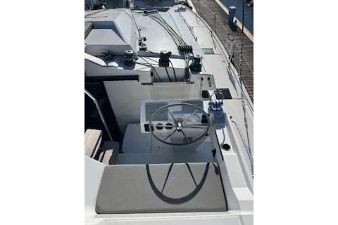  Yacht Photos Pics 2022 Fountaine Pajot Elba 45 yacht helm station with steering wheel and controls.