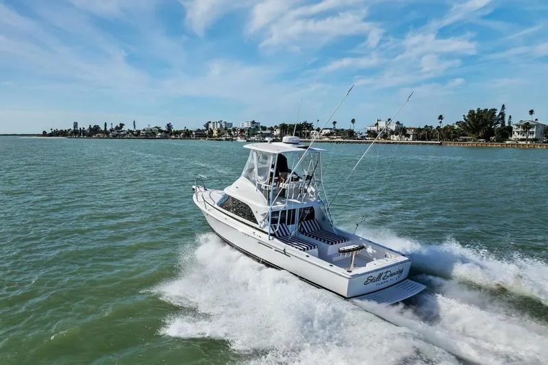 Still Dancing Yacht Photos Pics 2017 Bertram 35 Flybridge cruising on open water, showcasing sleek design and performance.