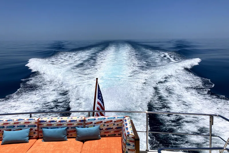 Grace Yacht Photos Pics Marlow 49E yacht cruising, leaving a wake on calm ocean waters, 2019 model.