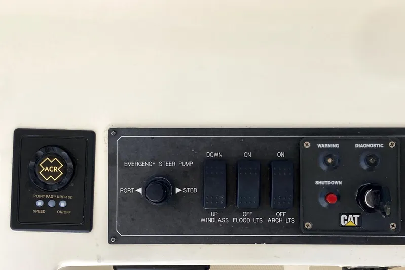Grace Yacht Photos Pics Control panel of a 2019 Marlow 49E yacht with emergency steer pump and diagnostic features.