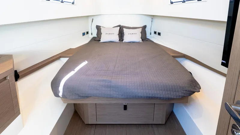  Yacht Photos Pics 2023 Pardo Yachts P38 cabin interior with bed and modern design.
