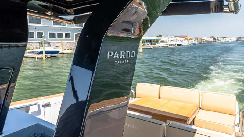  Yacht Photos Pics 2023 Pardo Yachts P38 cruising on a sunny day, showcasing luxury seating and sleek design.