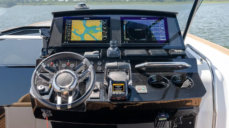  Yacht Photos Pics Helm of 2023 Pardo Yachts P38 with navigation screens and controls.