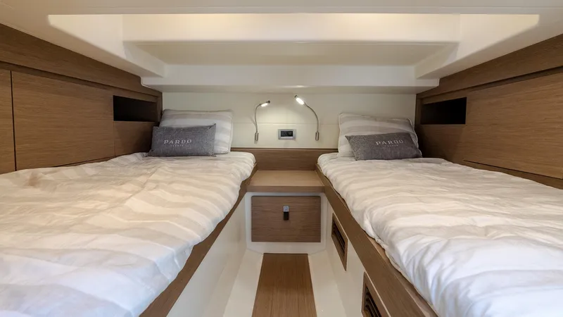  Yacht Photos Pics Interior cabin of 2023 Pardo Yachts P38 with twin beds and modern design.