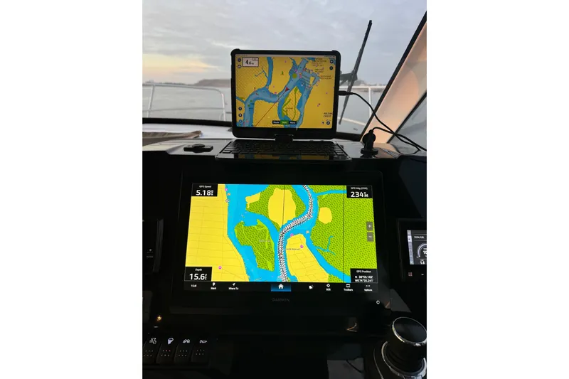  Yacht Photos Pics Navigation screens on 2025 Beneteau Antares 11 Fly boat, displaying detailed marine maps.