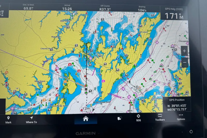  Yacht Photos Pics Garmin marine GPS display showing navigation map on Beneteau Antares 11 Fly, 2025 model.