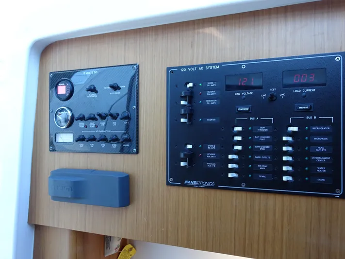  Yacht Photos Pics Control panel of 2014 Cigarette 42 Huntress boat with electrical switches and gauges.