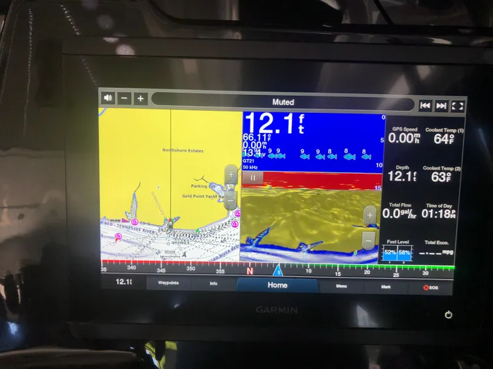 Yacht Photos Pics Garmin marine navigation display on 2022 Beneteau Antares 9 showing depth and map details.