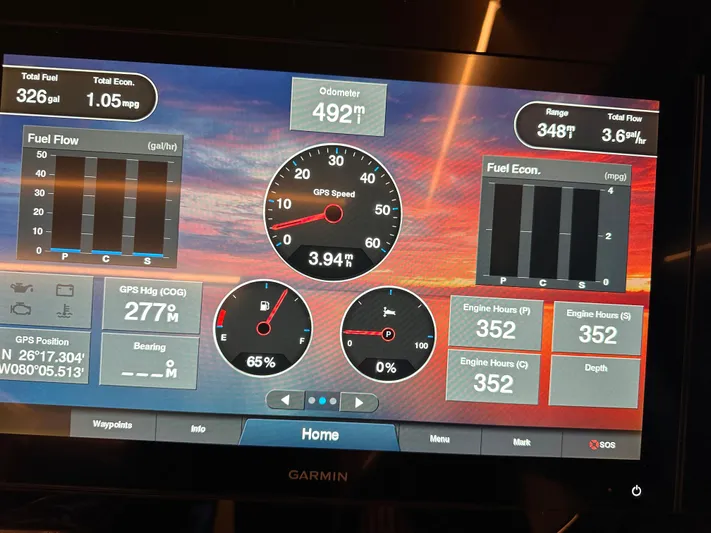 Fully Vested Yacht Photos Pics Dashboard display of 2022 Regal 42 FXO boat with navigation and engine data.