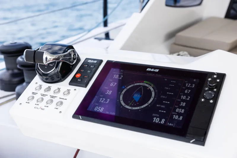  Yacht Photos Pics Control panel of Introductory Cure Marine 55 yacht, 2025 model, with navigation display.