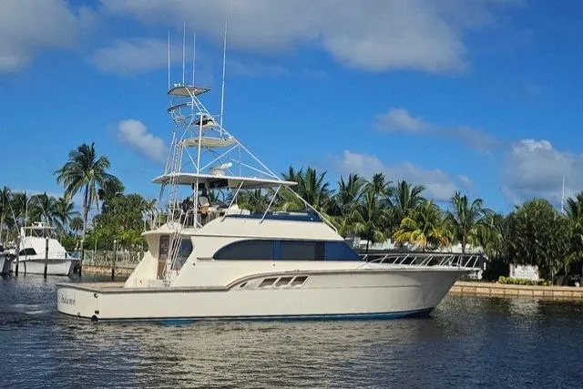 Andiamo Yacht Photos Pics 1991 Donzi 65 Sportfisher yacht cruising on a sunny day with palm trees in the background.