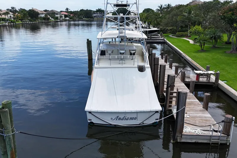 Andiamo Yacht Photos Pics 1991 Donzi 65 Sportfisher docked in a serene waterfront setting.