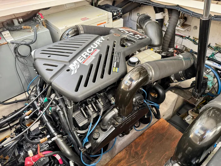 Tranquilo Yacht Photos Pics Engine compartment of a 2004 Sea Ray 360 Sundancer with a Mercury engine.
