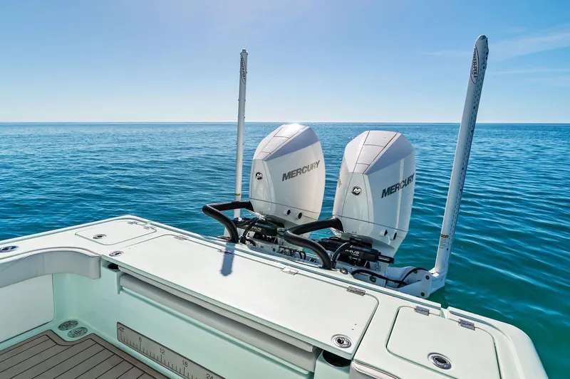  Yacht Photos Pics 2023 Barker Boatworks 26 Open with dual Mercury engines on open sea.