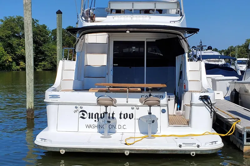  Yacht Photos Pics 2003 Carver 36 Super Sport yacht docked, rear view, with "Dugout Too" name, Washington D.C.