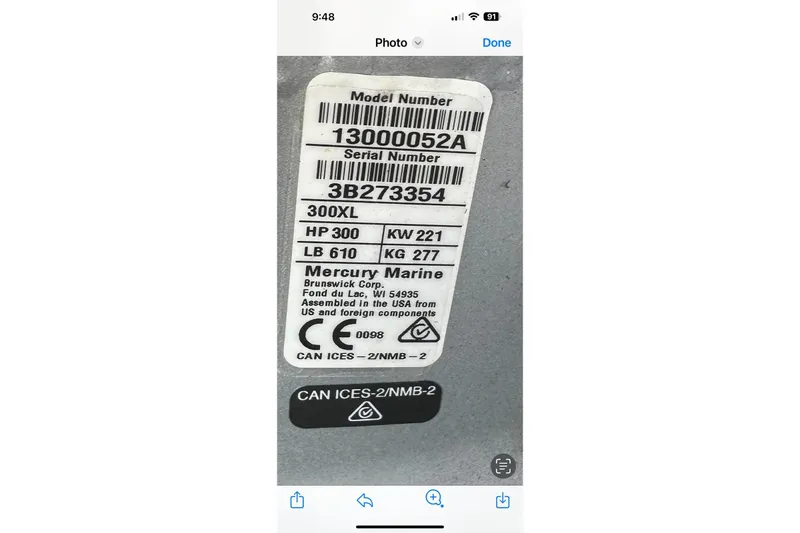 La Flare Yacht Photos Pics Label displaying Mercury Marine engine specifications for Saxdor 320 GTO, 2023 model.