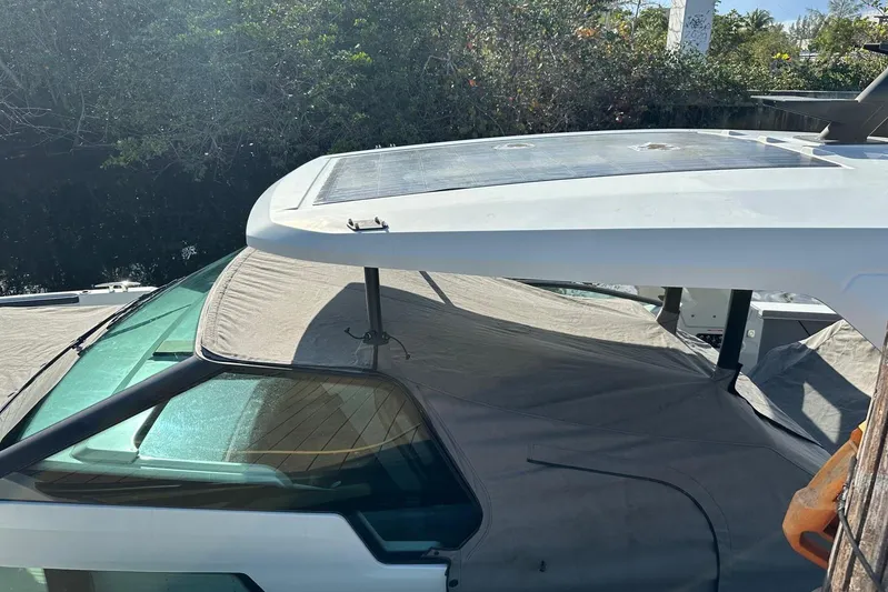 La Flare Yacht Photos Pics 2023 Saxdor 320 GTO boat with covered deck and sleek design.