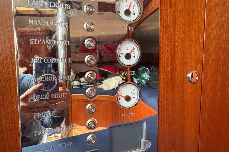 Arethusa Yacht Photos Pics Control panel of a 2017 Leonardo Eagle 44 yacht, showing gauges and switches.