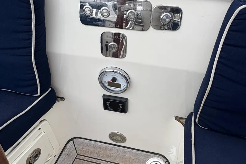Arethusa Yacht Photos Pics Cockpit of 2017 Leonardo Yachts Eagle 44 with gauges and navy cushions.