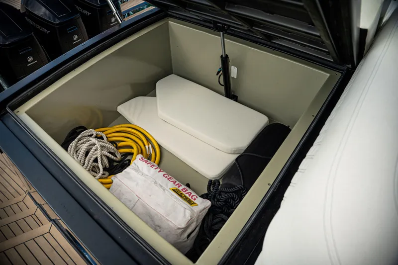  Yacht Photos Pics Storage compartment of 2025 Dutch American DA 53 boat with safety gear and ropes.