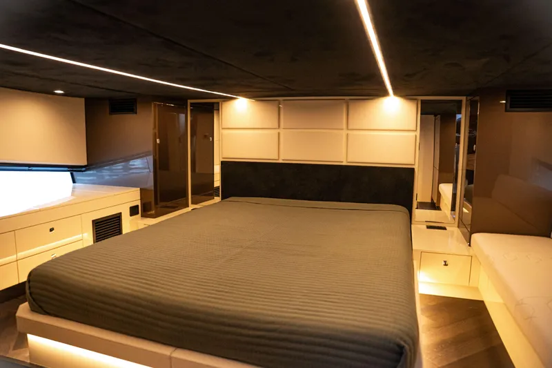  Yacht Photos Pics Luxurious interior of 2025 Dutch American DA 53, featuring a spacious, modern bedroom design.
