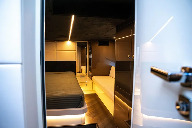  Yacht Photos Pics Modern interior of 2025 Dutch American DA 53 yacht, featuring sleek design and ambient lighting.