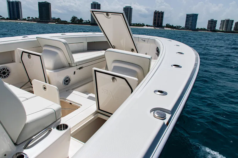  Yacht Photos Pics 2025 SeaVee 400Z boat interior with open storage compartments on the ocean.