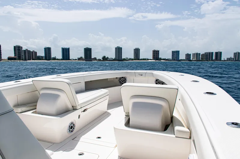  Yacht Photos Pics 2025 SeaVee 400Z boat interior with city skyline in the background.