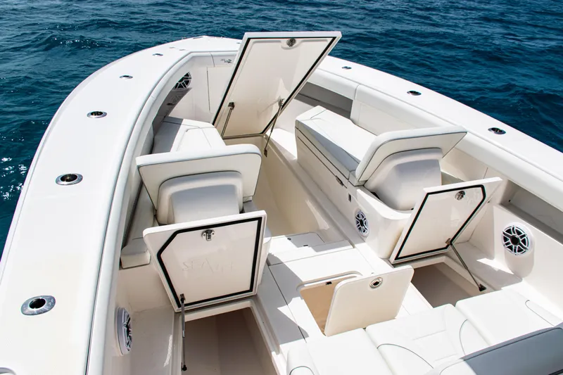 Yacht Photos Pics 2025 SeaVee 400Z boat interior with open storage compartments on the ocean.