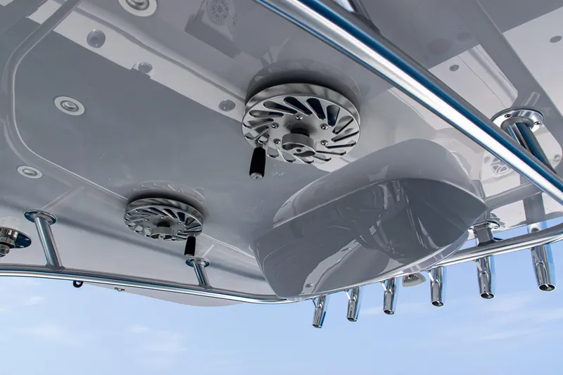  Yacht Photos Pics Underneath view of 2025 SeaVee 400Z boat's sleek design and equipment.