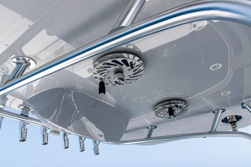  Yacht Photos Pics 2025 SeaVee 400Z boat detail showing sleek metal fixtures and modern design.