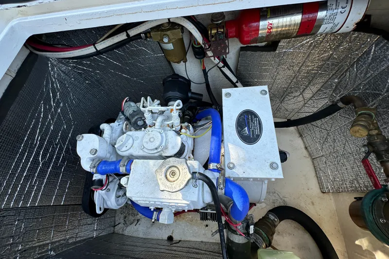  Yacht Photos Pics Engine compartment of a 2005 Intrepid 348 WA boat with fire extinguisher.