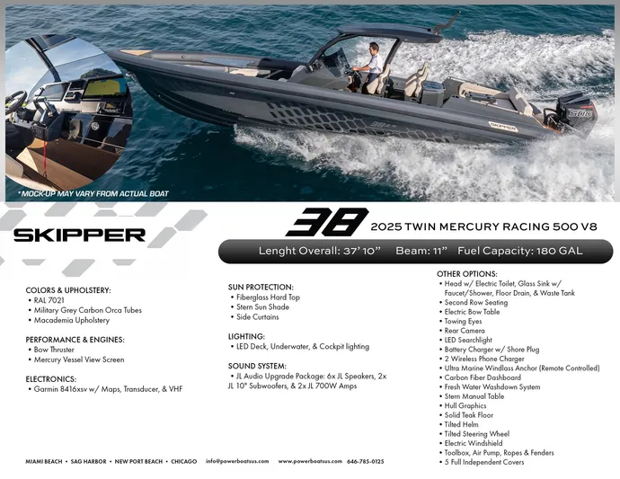 New 2025 Skipper 38 Twin 500 Yacht Photos Pics Skipper-BSK 38NC 2025 boat with twin Mercury Racing 500 V8 engines, cruising on water.