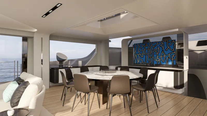 Viper 130 Yacht Photos Pics Luxurious dining area on ISA Viper 130 yacht, featuring modern decor and ocean views, 2027 model.