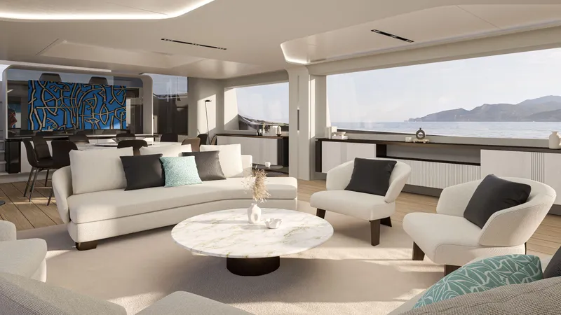 Viper 130 Yacht Photos Pics Luxurious interior of 2027 ISA Viper 130 yacht with modern furnishings and ocean view.