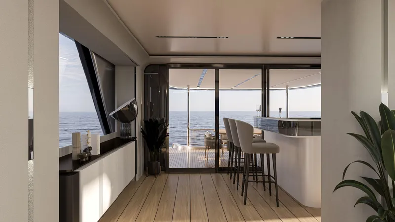 Viper 130 Yacht Photos Pics Luxurious interior of 2027 ISA Viper 130 yacht with ocean view and modern furnishings.