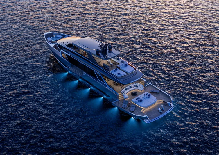 Viper 130 Yacht Photos Pics Luxurious ISA Viper 130 yacht, 2027 model, illuminated on serene ocean waters at dusk.