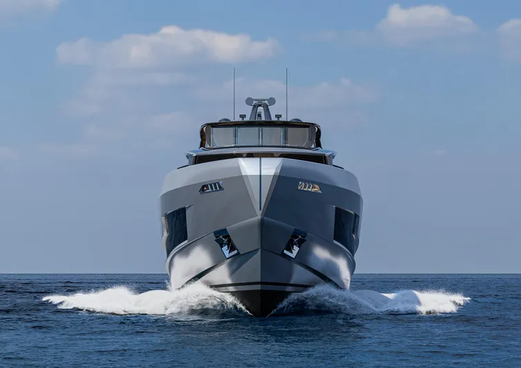 Viper 130 Yacht Photos Pics Front view of 2027 ISA Viper 130 yacht cruising on open sea.