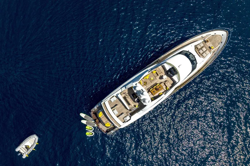 Quantum Yacht Photos Pics Aerial view of 2007 Peri Yachts 29 luxury yacht on blue ocean water.