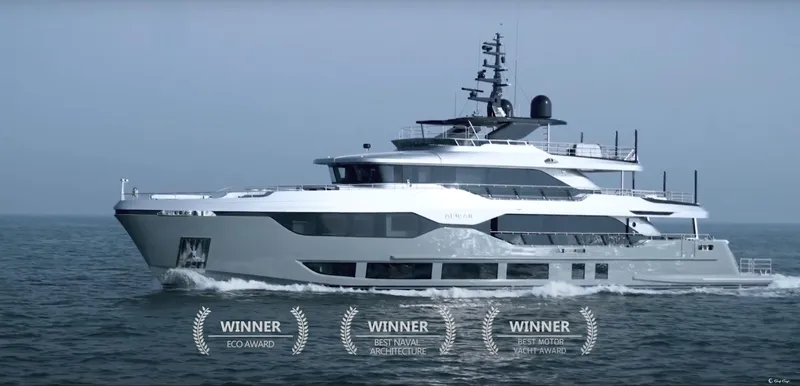  Yacht Photos Pics Majesty 120 yacht 2025 cruising, award-winning design, luxury vessel on open sea.