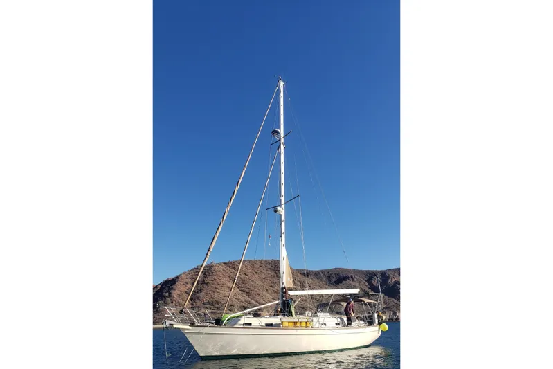 Catharpin Blue Yacht Photos Pics 1984 Island Packet 420 sailboat on calm water with clear blue sky.