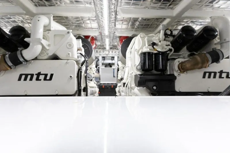  Yacht Photos Pics Engine room of 2021 Otam 70 yacht featuring MTU engines.